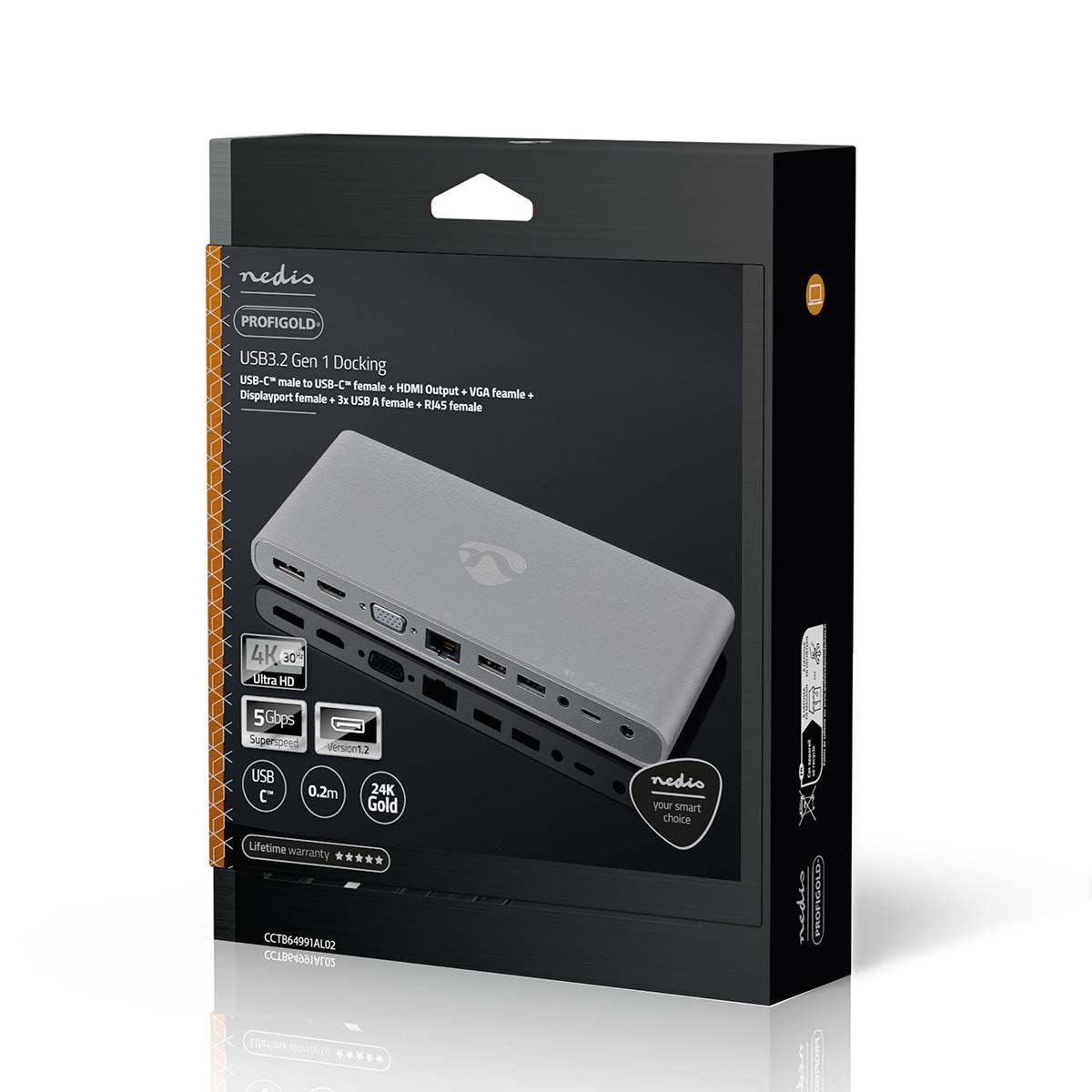 Nedis USB Docking Station | USB 3.2 Gen 1 | USB-C™ Male | DisplayPort Female / HDMI™ Output / RJ45 Female / VGA Female / 2x 3.5 mm Female / 2x USB-C™ / 4x USB-A | 0.20 m | Round | Nickel Plated | Braided / Nylon | White | Window Box with Euro Lock