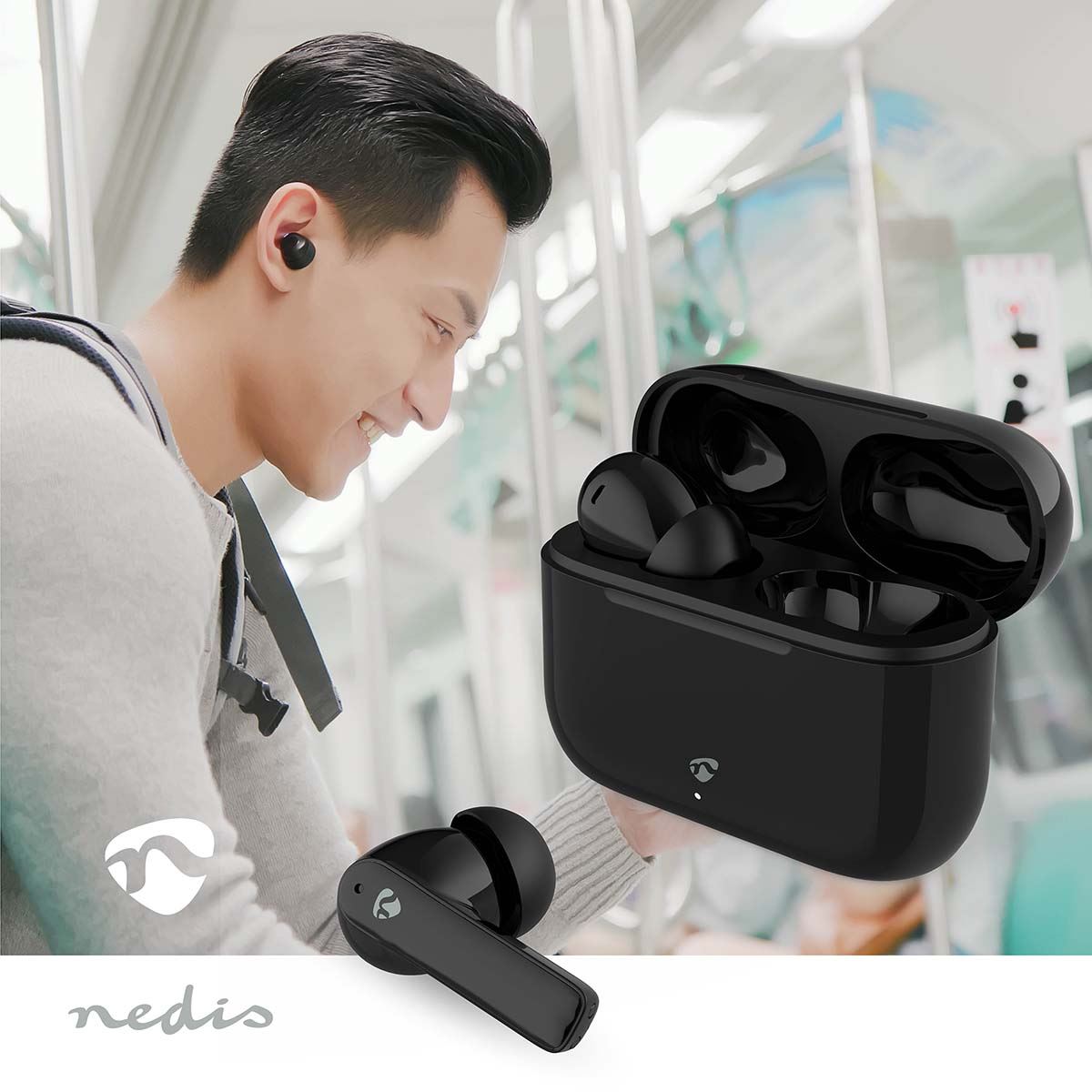 Nedis Fully Wireless Earphones Bluetooth, 5.2 ENC Noise Cancelling, In-Ear Headphones, 24H Playtime, Charging Case - Black