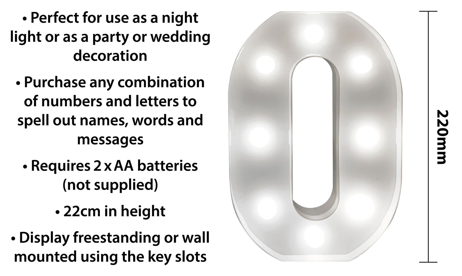 "0" Light Up 3D LED 22cm Numbers Party Birthday Wedding Battery Operated