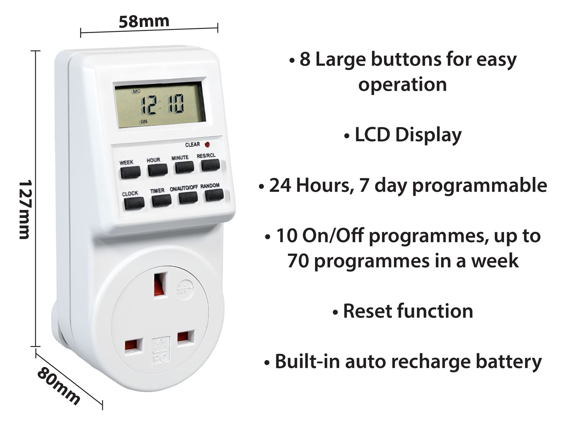 24 Hour 7 Day Energy Saving Plug In Programmable Digital Timer Switch with 10 Programmes 13A 230V