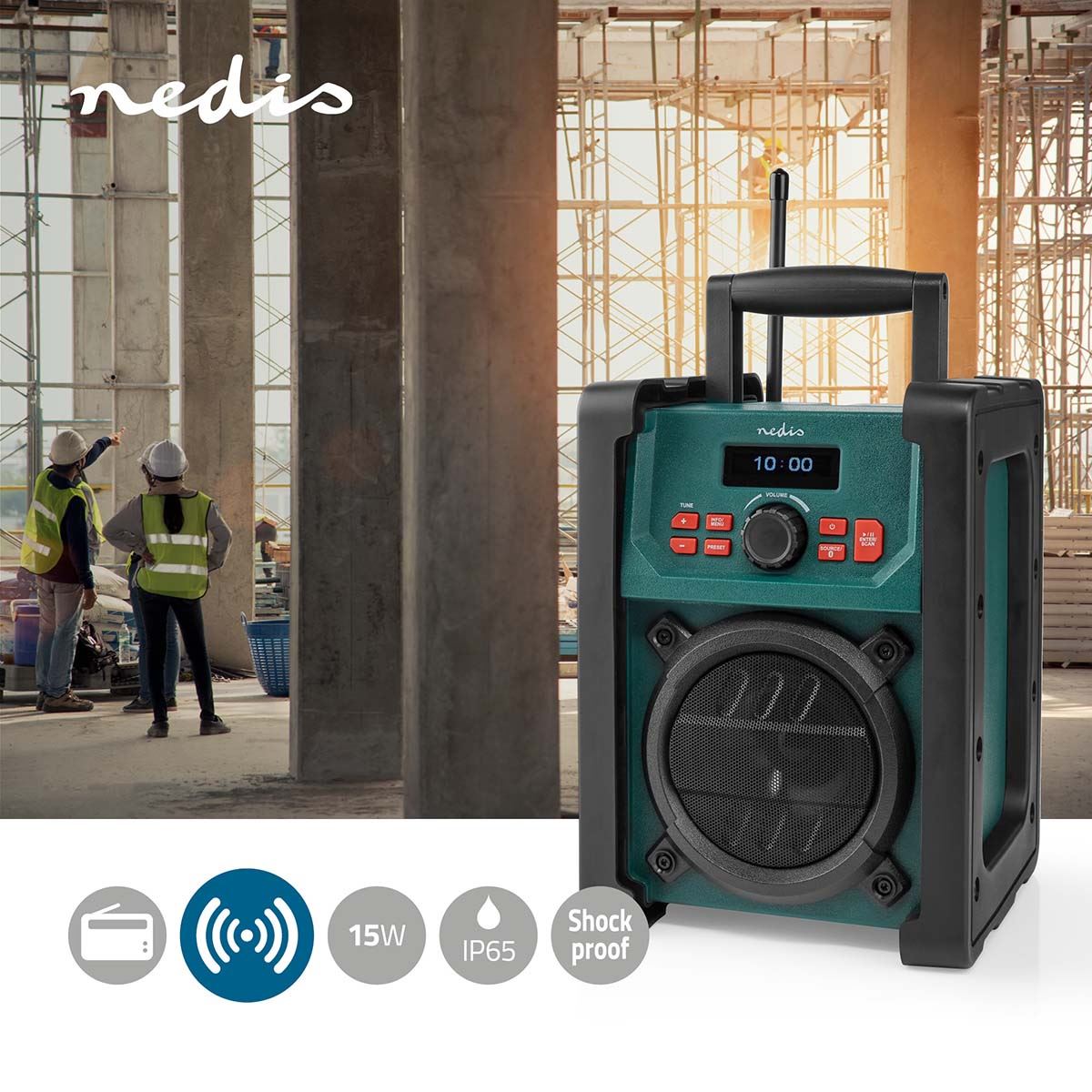 Nedis DAB+ / FM Bluetooth Jobsite Radio, IP65 Waterproof, 40 Presets, Aux Input, Battery or Mains Powered