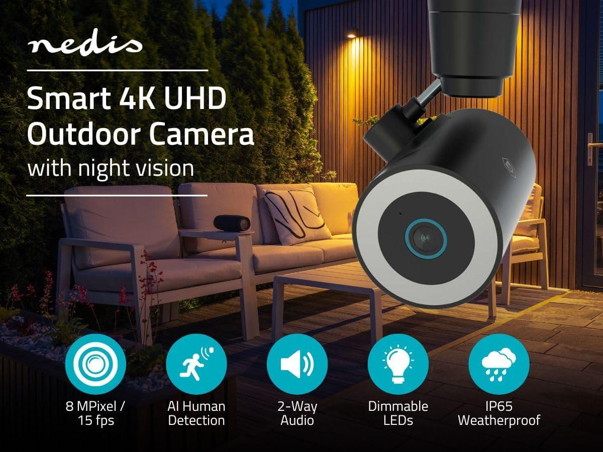 Nedis SmartLife Outdoor Camera 4K Wi-Fi, Motorised CCTV with Motion Sensor, AI Human Detection, Night Vision, Two-Way Audio, Siren & Spotlight, Cloud or microSD Storage, IP65 Weatherproof