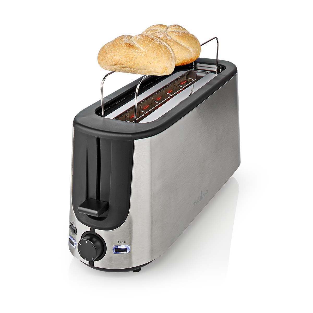 Nedis 1000W 1 Slot Stainless Steel Toaster with 6 Browning Levels, Defrost & Reheat Settings - Stainless Steel