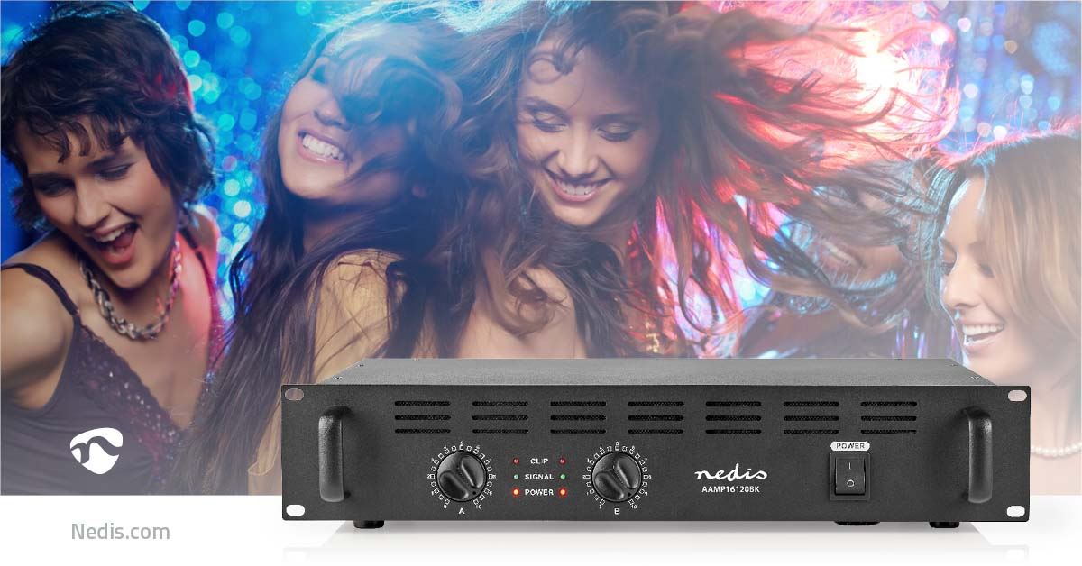 Nedis PA Amplifier, Semi-Professional 2x 150 W with Built-In Cooler, Peak Level Indicator, Fits 19"  Rack Cabinets, XLR, Lockable Speaker Connector & Binding Posts