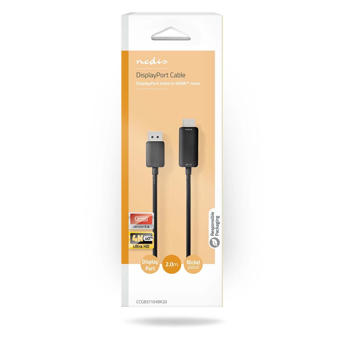 Nedis DisplayPort Cable | DisplayPort Male | HDMI™ Connector | 4K@60Hz | Nickel Plated | 2.00 m | Round | PVC | Black | Box