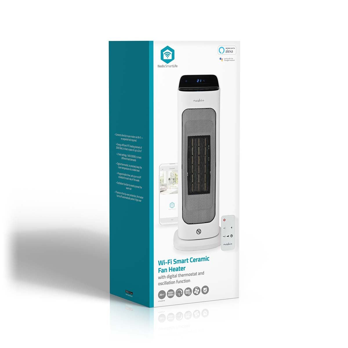 Nedis SmartLife Ceramic PTC Fan Heater | Wi-Fi | 2000 W | 2 Heat Settings | Oscillation | Display | 10 - 49 °C | Android™ / IOS | White
