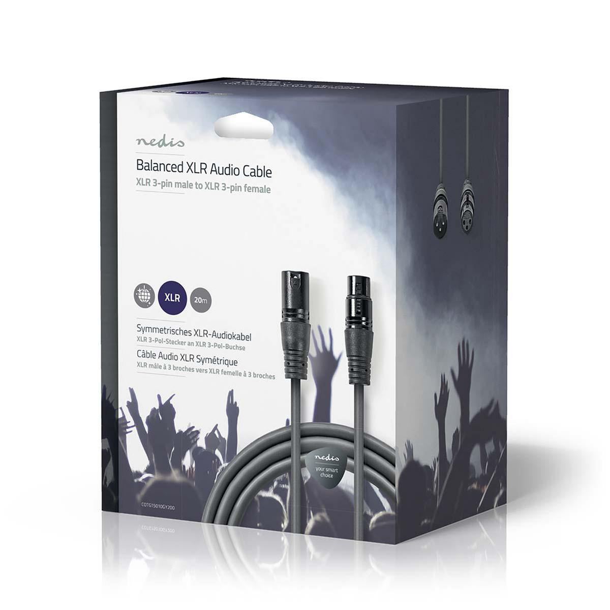 Nedis Balanced Audio Cable | XLR 3-Pin Male | XLR 3-Pin Female | Nickel Plated | 20.0 m | Round | PVC | Dark Grey | Gift Box