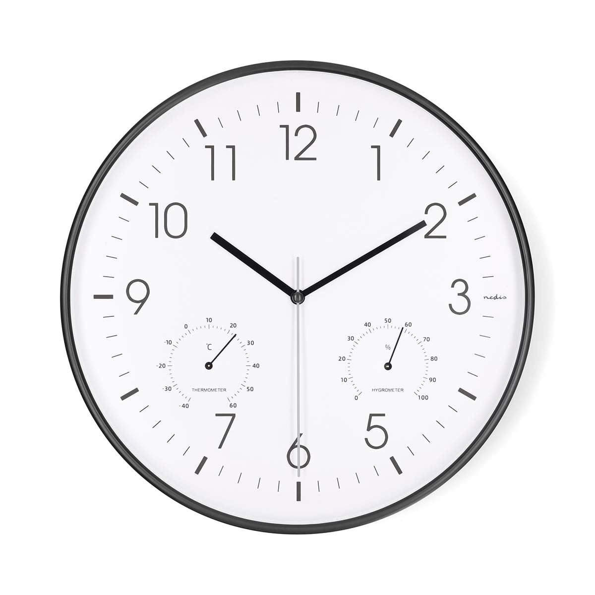 Nedis 30cm Wall Clock with Easy Read Numbers, Silent Movement, Thermometer, Hygrometer, Battery Powered - Black