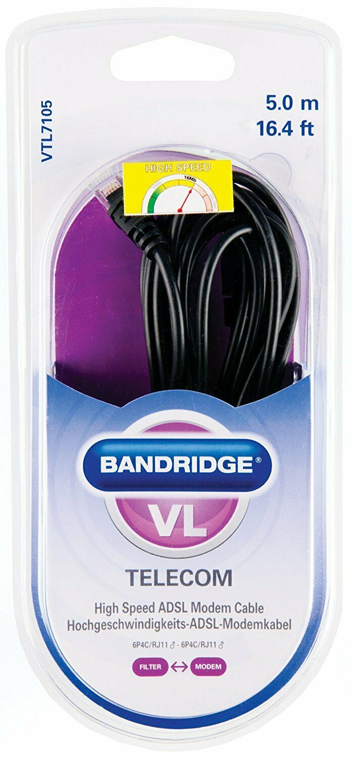 Bandridge 5m RJ11 to RJ11 Modem Cable - Black