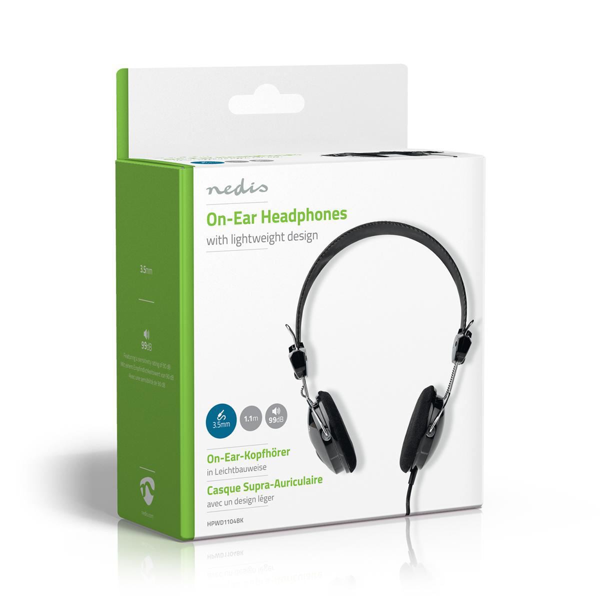 Nedis On-Ear Wired Headphones, Ultra-Lightweight Compact Design, Soft Cushion Ear Pads, Braided Tangle-Free Cable, Adjustable Headband, 3.5mm Connector � Black