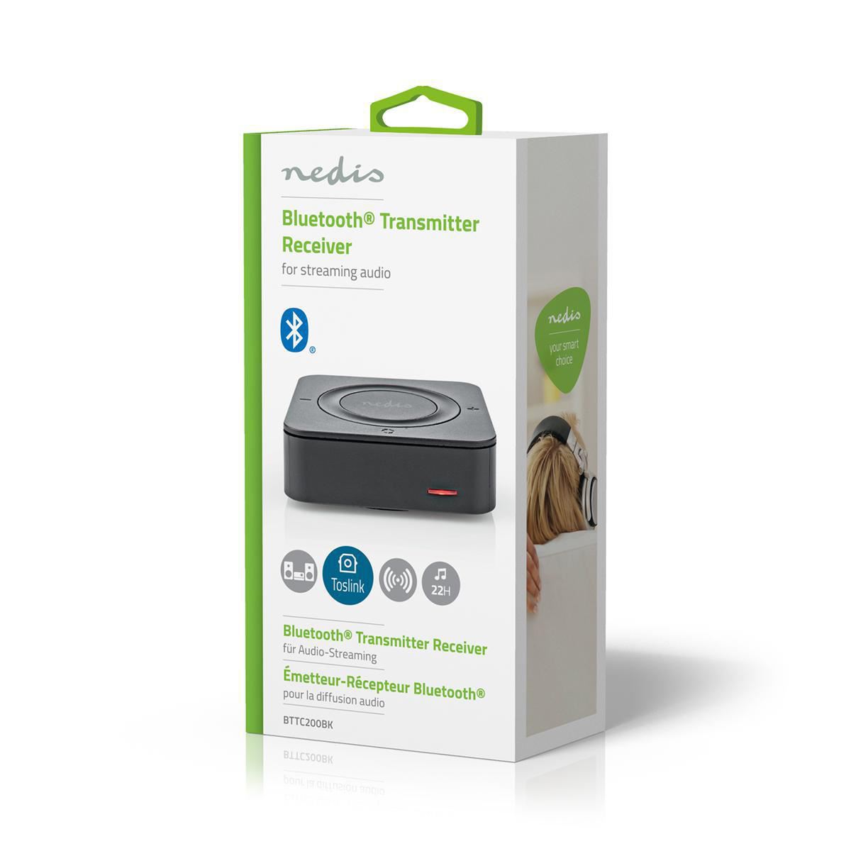 Nedis Bluetooth® Transmitter Receiver | Connection input: 1x AUX / 1x SPDIF | Connection output: 1x AUX / 1x SPDIF | AptX ™ Low latency / AptX™ / SBC | Up to 2 Devices | Maximum battery play time: 22 hrs | Black