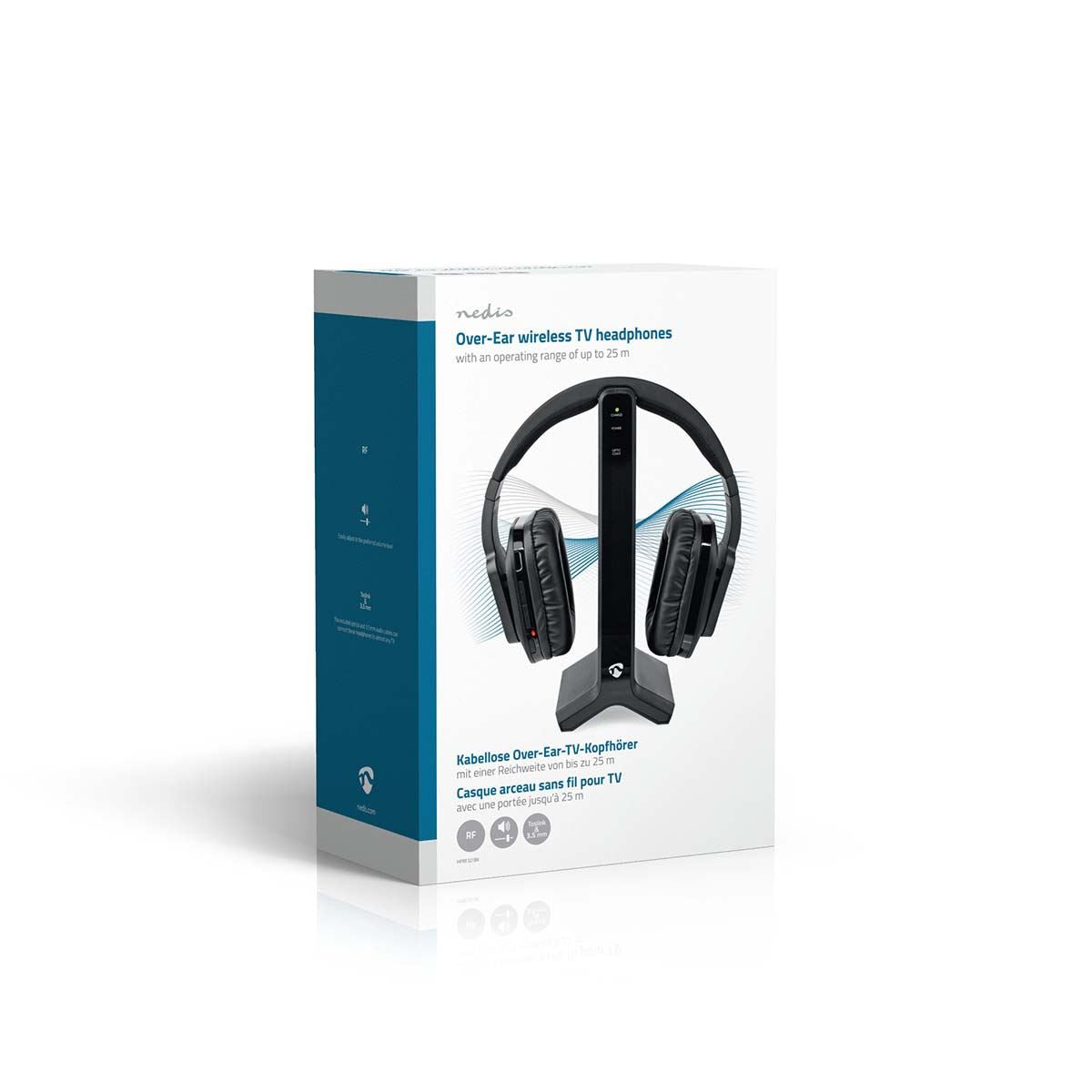 Nedis Wireless RF TV Over-Ear Headphones with Charging Base, 25m Range, Volume Control, Toslink/Coax/RCA/3.5mm Input