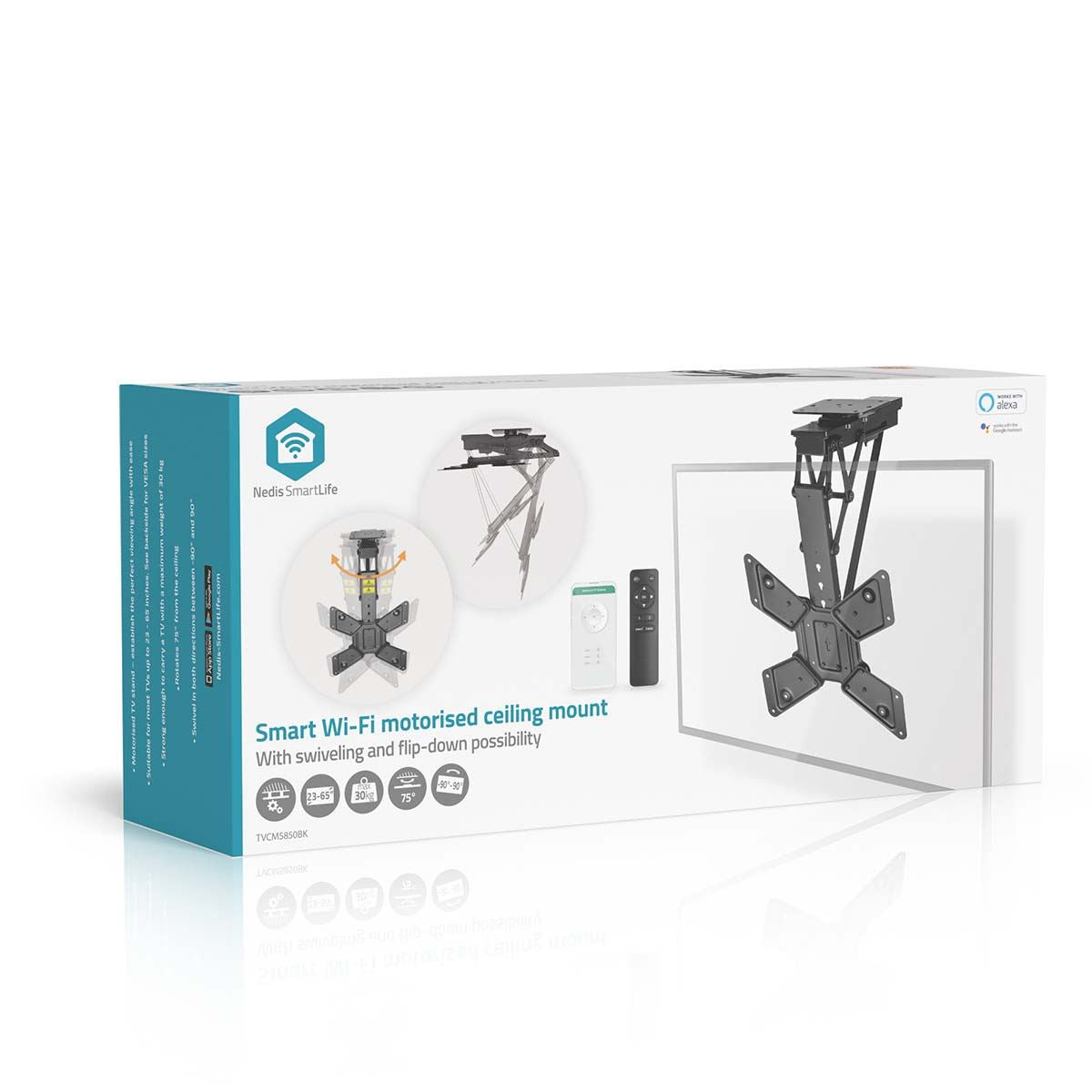 Nedis Smart Motorised TV Ceiling Mount Bracket for 23-65" Screen Max 30kg Adjustable Tilt and Swivel with Remote Control