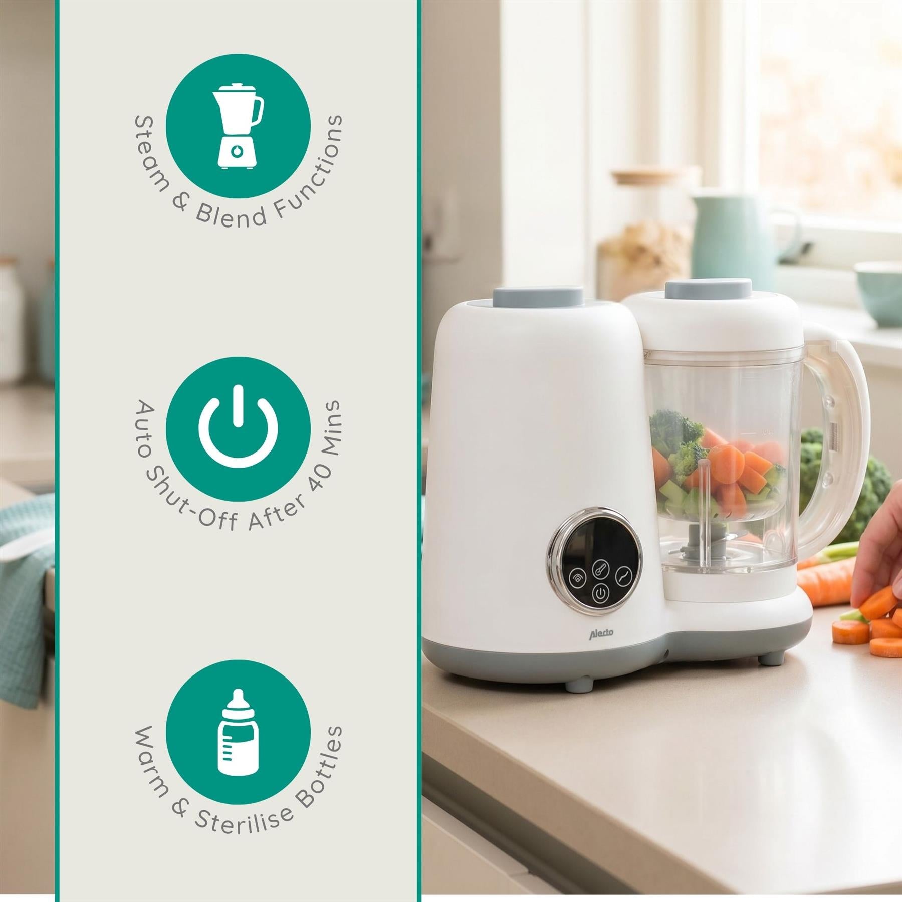 Alecto 5-in-1 Baby Food Maker, One Step Baby Food Processor Blender Grinder Puree Maker, Blend, Warm, Sterilize, Steam Cook, BPA-Free