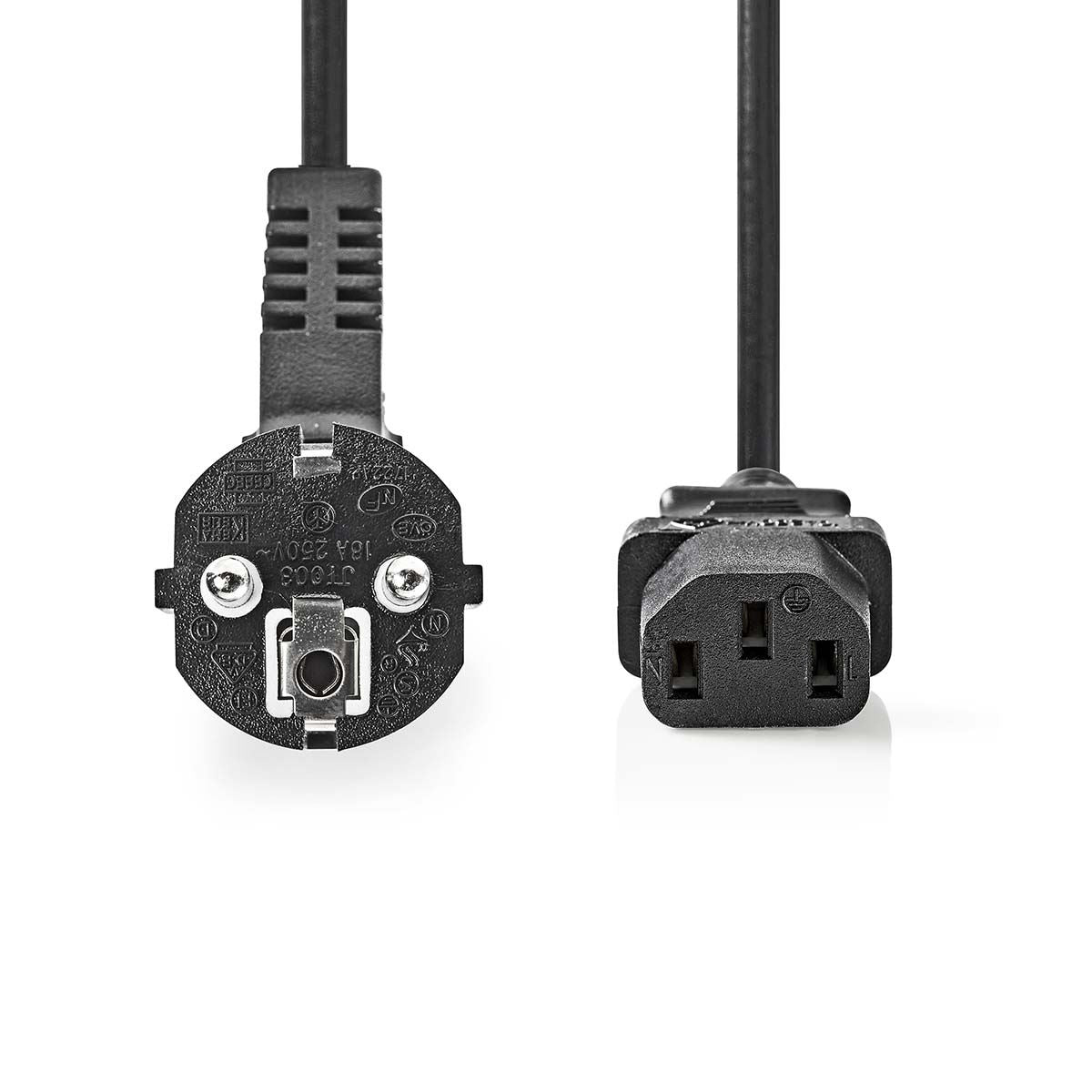 Nedis Power Cable | Plug with earth contact male | IEC-320-C13 | Angled | Straight | Nickel Plated | 2.00 m | Round | PVC | Black | Label