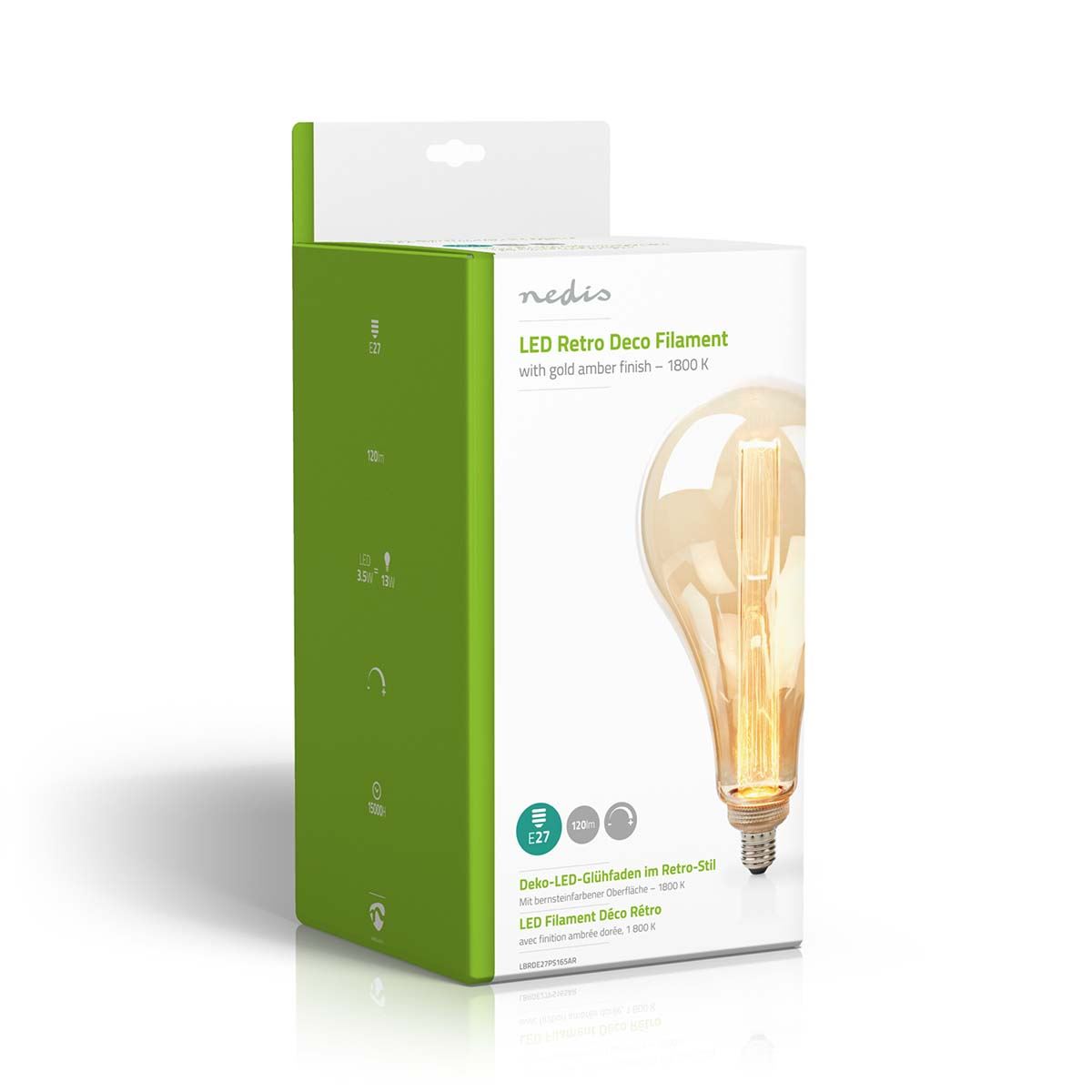 Nedis LED Filament Bulb E27, PS165 Retro Deco Amber Gold Glass, 4W, 1800K Extra Warm White, Dimmable, Replace 40W Incandescent