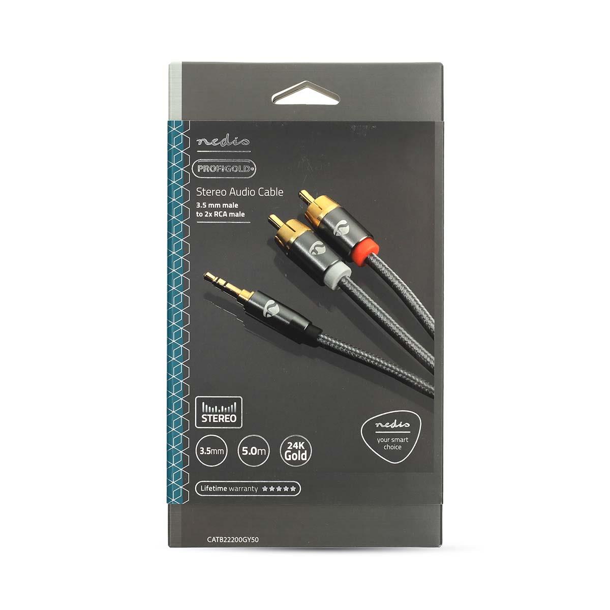 Nedis Stereo Audio Cable | 3.5 mm Male | 2x RCA Male | Gold Plated | 5.00 m | Round | Gun Metal Grey | Cover Window Box
