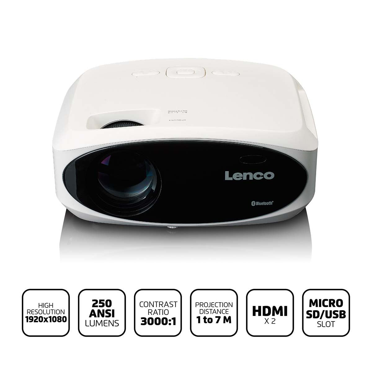 Lenco LCD Projector and Bluetooth® with high resolution, supports Full HD 1080P content White