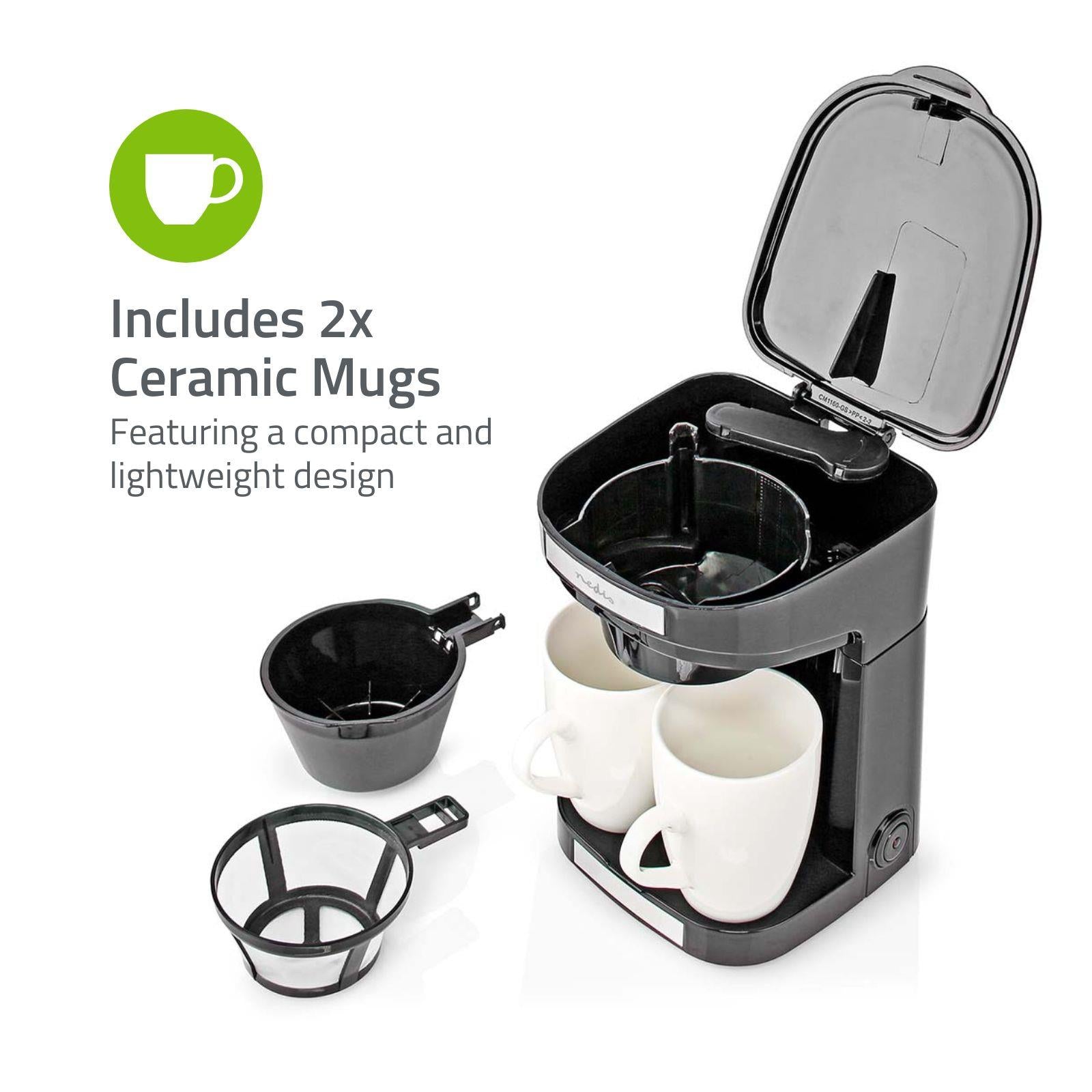 Nedis 2 Cup Coffee Maker 0.25L Easy to Use Nylon Reusable Filter with Cups - Black