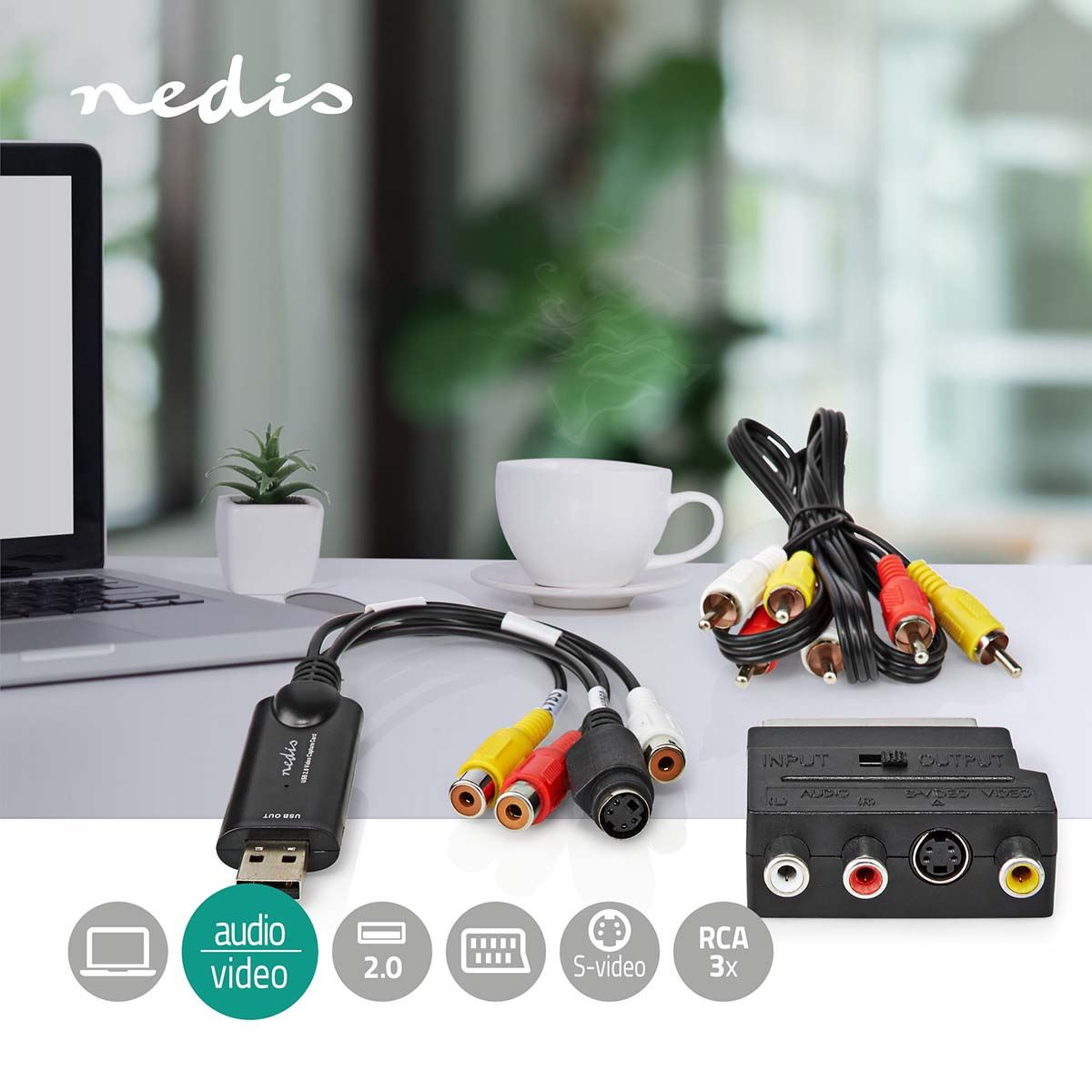 Nedis USB 2.0 Video Grabber Capture, RCA to USB Audio Video Converter with Extension Cord, Convert VHS Mini DV Hi8 DVD VCR to Digital Converter