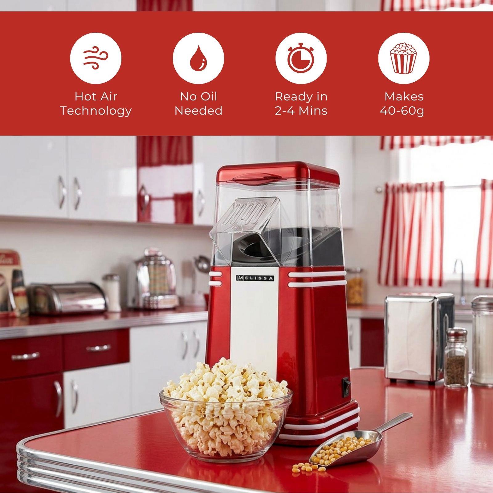 MELISSA Hot Air Popcorn Maker, Retro Table Top Machine for up to 60g of Healthy and Low Fat Popcorn, 1200W - Red/White