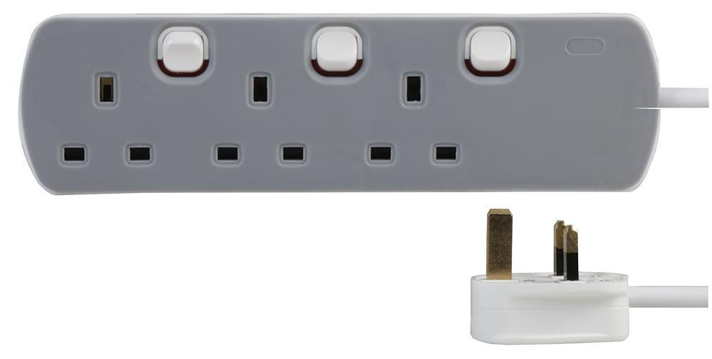 3 Gang 2m Mains Extension Lead Socket Individually Switched 13A - Grey