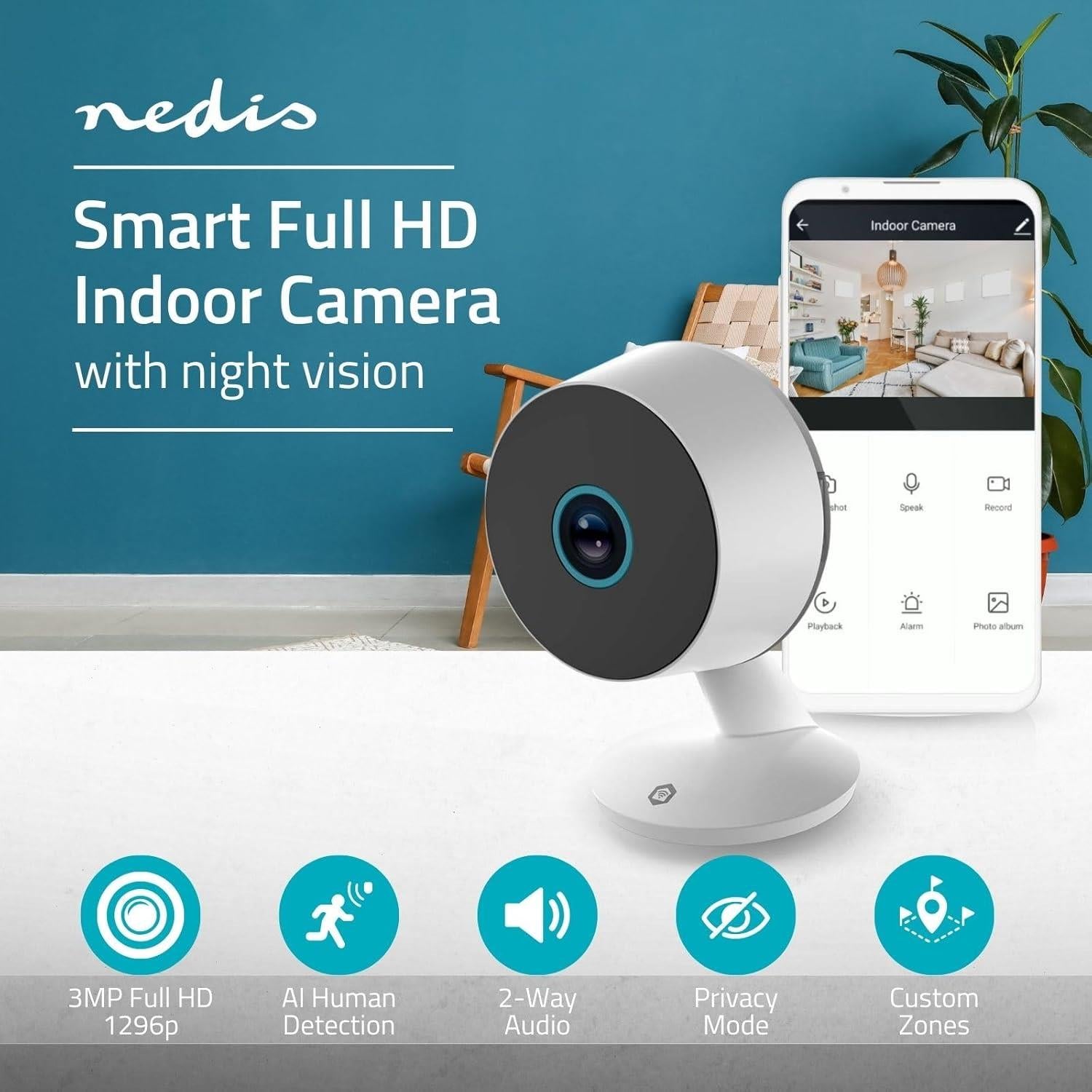 Nedis SmartLife Indoor Camera | 3MP Full HD 1296p | Cloud Storage (optional) / microSD (not included) / Onvif | With motion sensor | Night vision | White