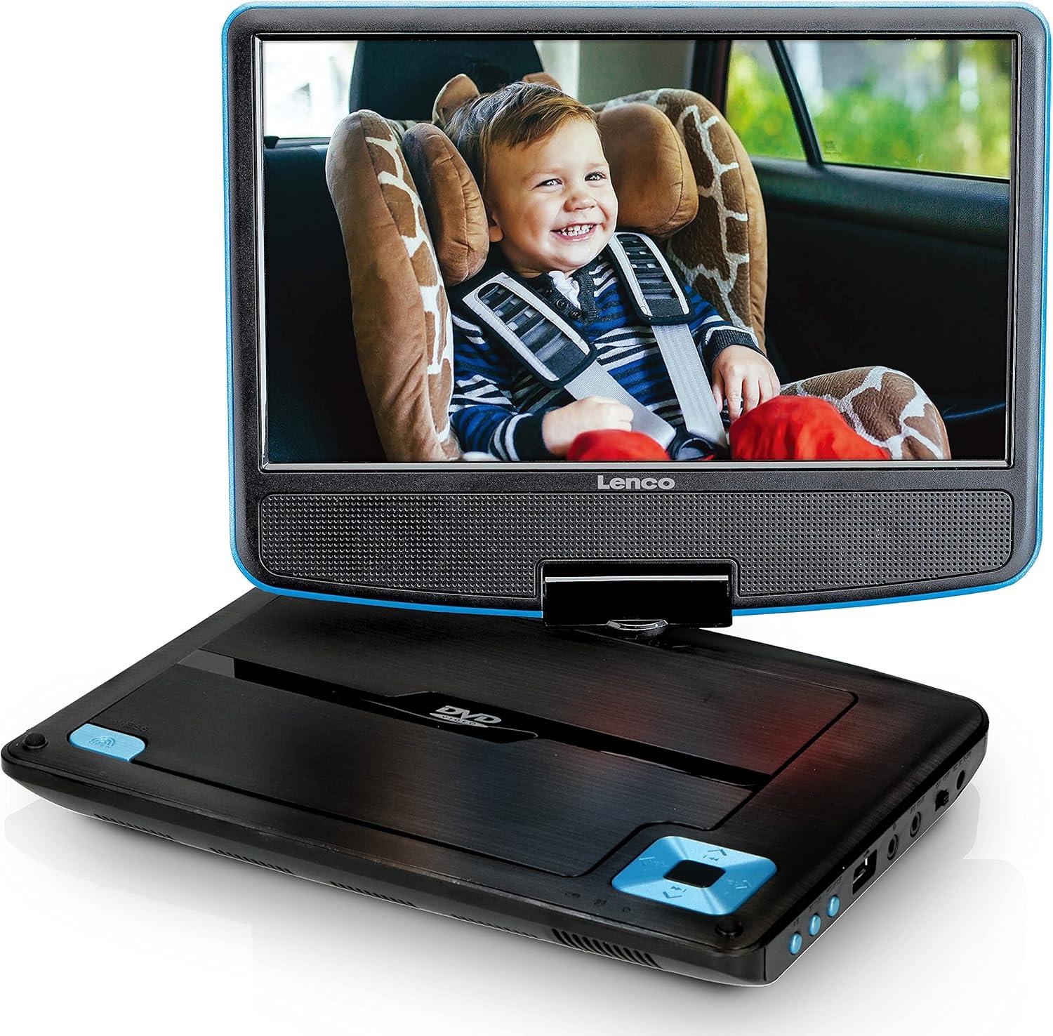 Lenco DVP-910BU Portable DVD Player with 9" Swivel Screen & Mounting Headrest Brackets Earphone/SD Card/USB/AV-in/AV-out, Direct Play in Formats AVI/RMVB/MP3/JPEG - Blue / Black