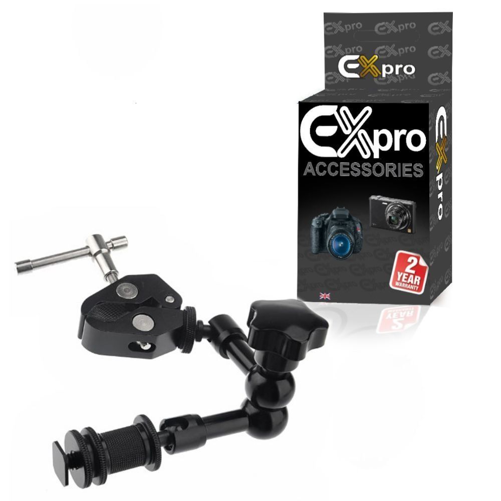 Ex-Pro® 7" Magic Friction Articulating Arm with Hot Shoe Mount & Camera Mount for DSLR Camera with Ex-Pro Super Clamp - Black