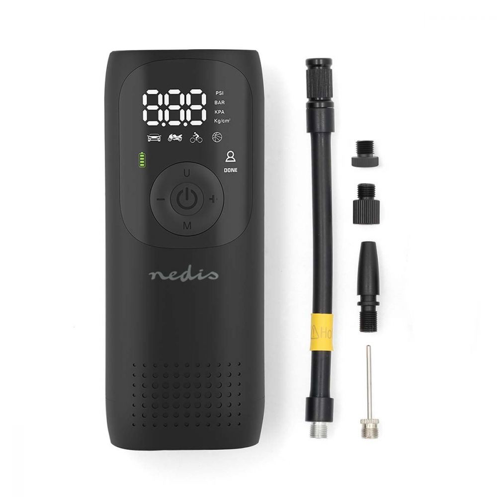 Nedis Portable Tire Inflator, Rechargeable Air Compressor with Digital Display, LED Torch, 150 PSI Max Pressure, USB-C Charging, f...