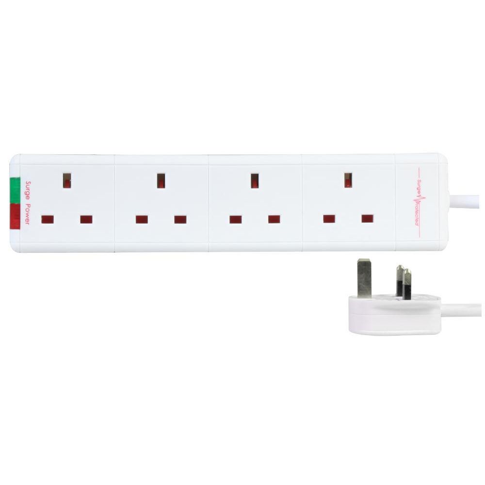 4 Way Gang Extension Power Strip White + Neon Power Indicator + Surge protection - 5m