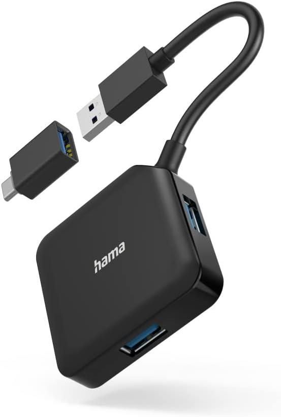 Hama External 4-Port USB 3.2 Gen 1 Hub, USB Powered, USB-A w/ USB-C Adapter