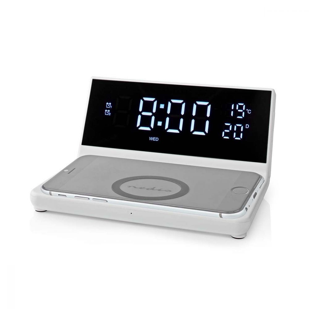 Wireless Qi Charger USB Phone Charging Pad with Bedside Alarm Clock, LED Display - White