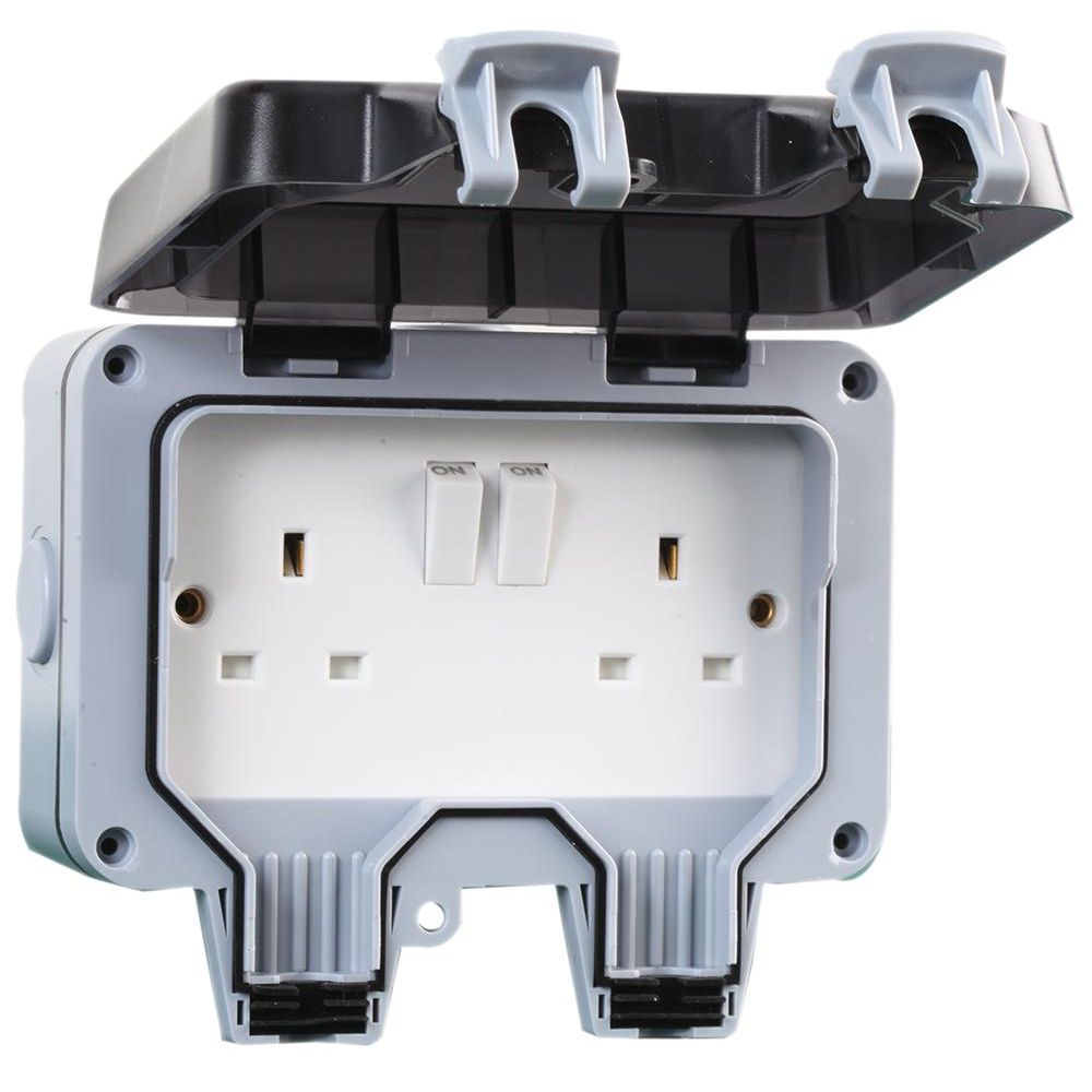 Outdoor 2 Gang Mains 13A Double Switched Socket IP66 Weatherproof with Hinged Cover and Locking Clip, for Shed Garage