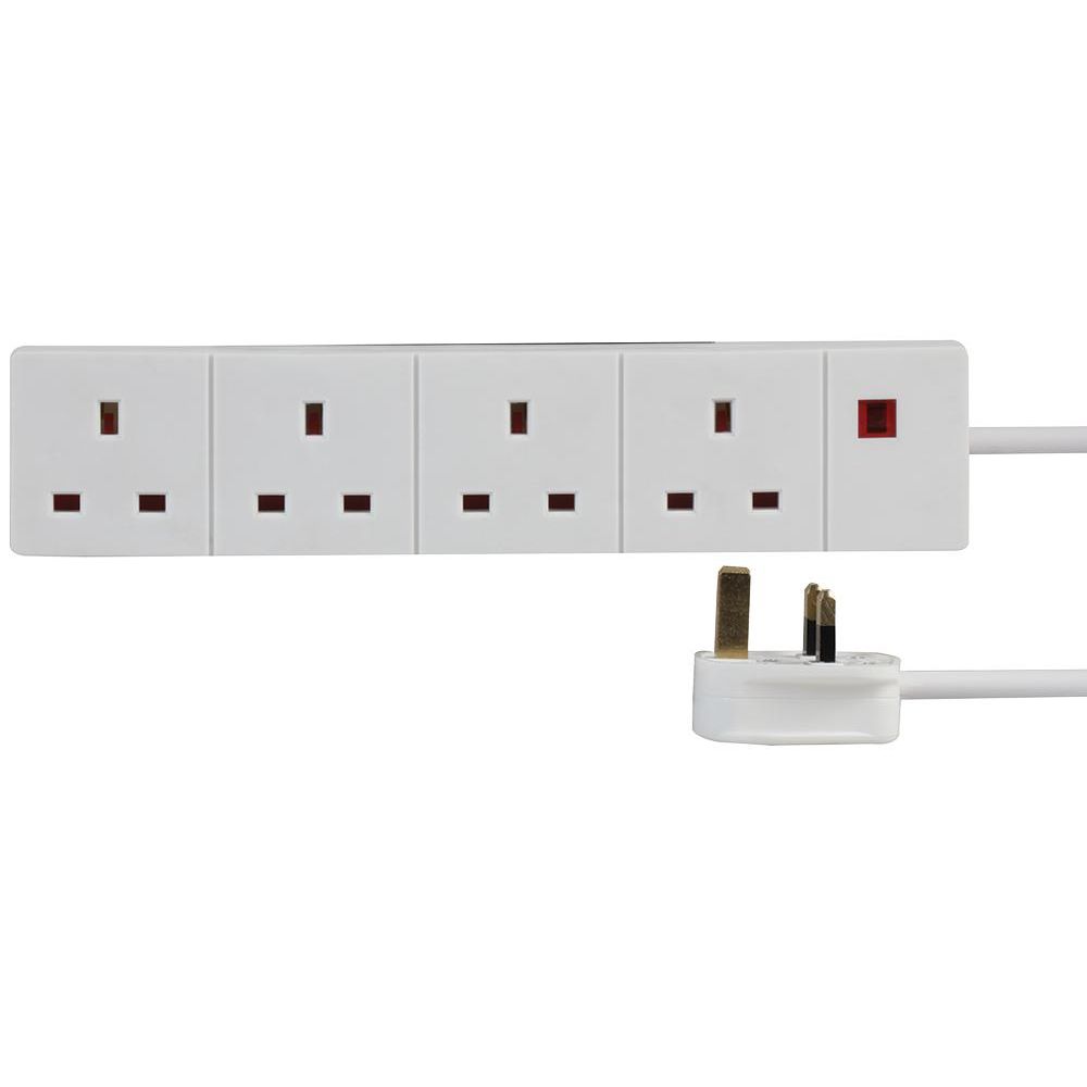Ex-Pro 4 Way Gang Extension Power Strip White + Neon Power Indicator - 10m
