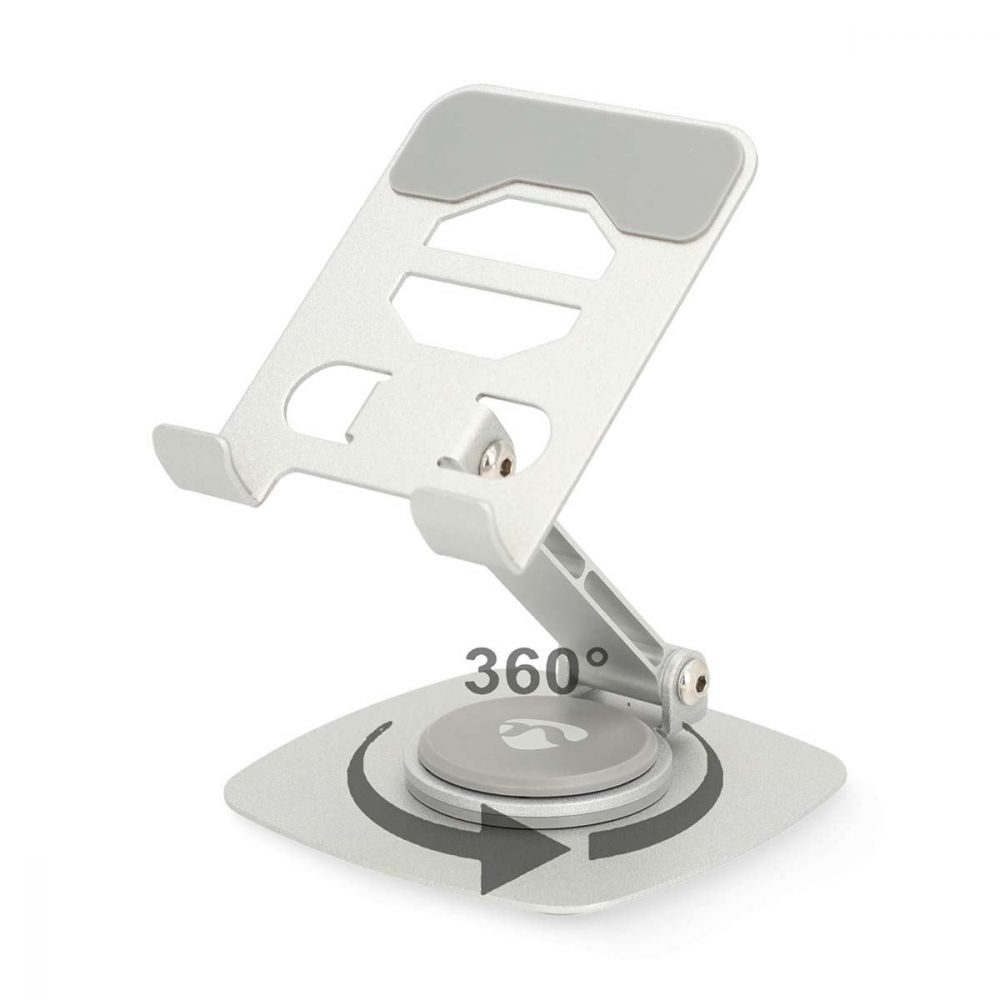 Universal 360 Rotatable Smartphone Desk Stand Full Motion Foldable Portable Design with Circular Base Anti-Slip Pads Silver