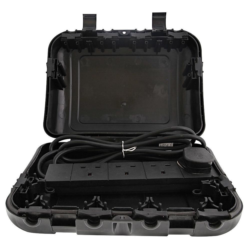 Outdoor Weatherproof mains enclosure with 4 Gang Extension Socket 2m - Black