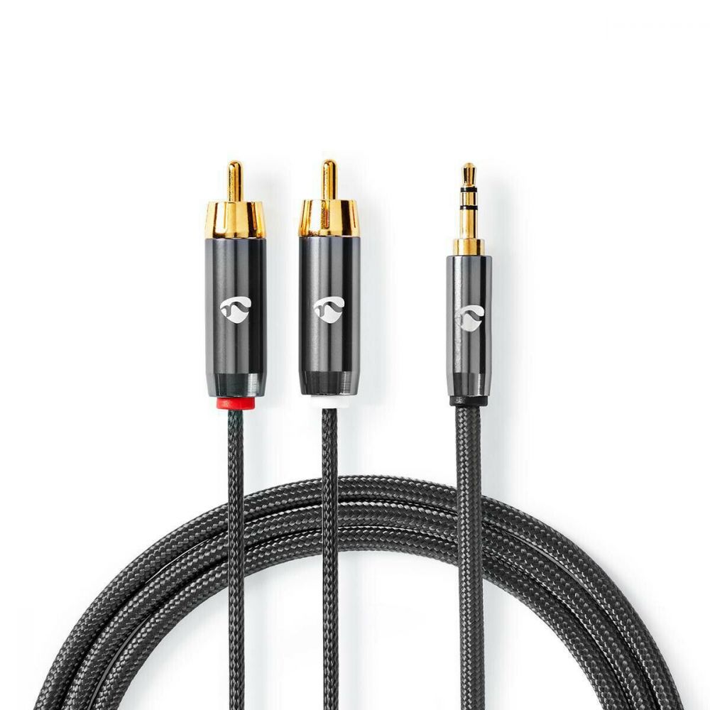 Image of Nedis 1m Profigold RCA Cable, 2x RCA Phono Male to 1x 3.5mm Jack Male, Gold Plated, Nylon Braided, Stereo Audio Cable for Phone, T...