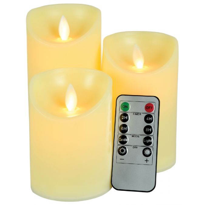 Set of 3 Flickering Flameless LED Candles, Wax Effect, Dancing Flame Battery Powered Mood Lights with Remote Control
