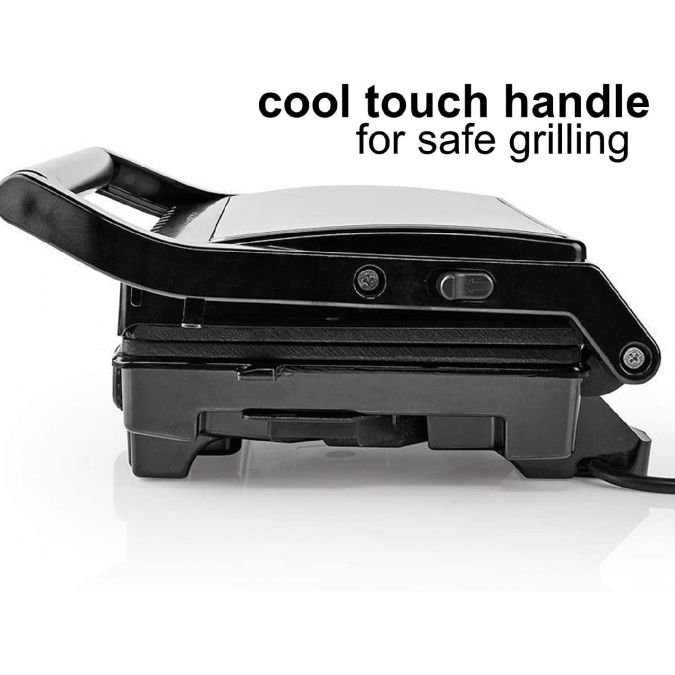 Compact 1600W Electric Table Top Grill, Panini Sandwich Press, Toastie Maker, with Non Stick Coated Plates, Drip Tray and Automatic Temperature Control - Black/Silver
