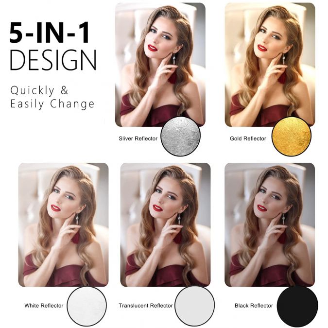 5 in 1 Portable Reflector Diffuser 23" 58cm Multi Camera Lighting with Carrying Case for Photo Studio