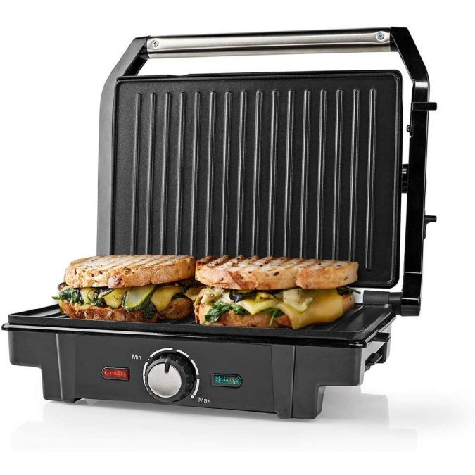 Compact 1600W Electric Table Top Grill, Panini Sandwich Press, Toastie Maker, with Non Stick Coated Plates, Drip Tray and Automatic Temperature Control - Black/Silver