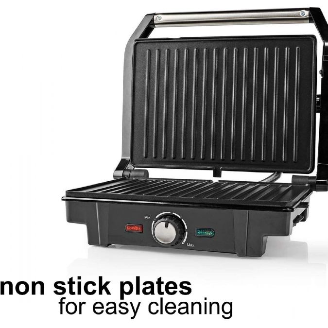 Compact 1600W Electric Table Top Grill, Panini Sandwich Press, Toastie Maker, with Non Stick Coated Plates, Drip Tray and Automatic Temperature Control - Black/Silver