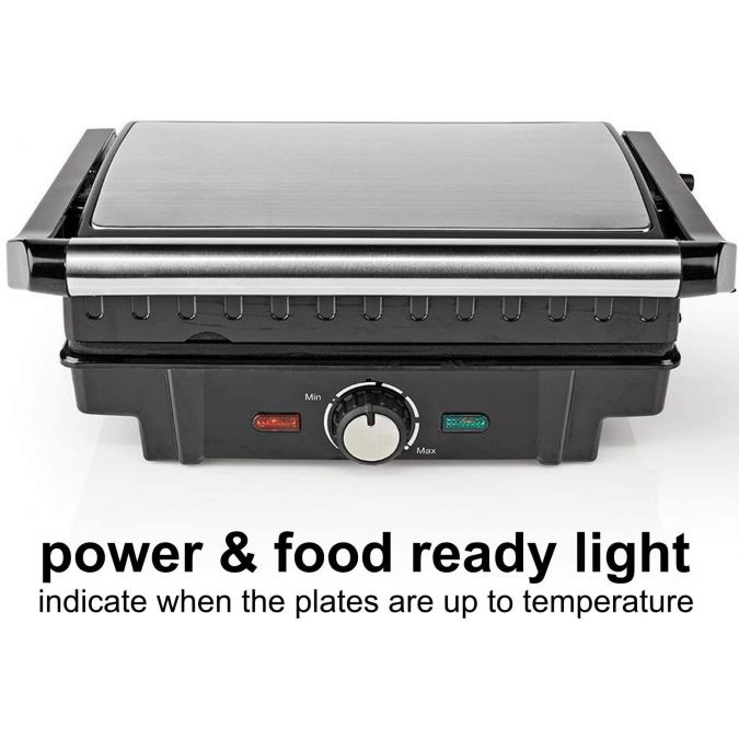 Compact 1600W Electric Table Top Grill, Panini Sandwich Press, Toastie Maker, with Non Stick Coated Plates, Drip Tray and Automatic Temperature Control - Black/Silver