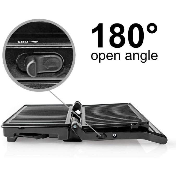Compact 1600W Electric Table Top Grill, Panini Sandwich Press, Toastie Maker, with Non Stick Coated Plates, Drip Tray and Automatic Temperature Control - Black/Silver