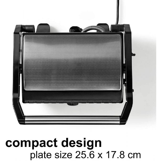 Compact 1600W Electric Table Top Grill, Panini Sandwich Press, Toastie Maker, with Non Stick Coated Plates, Drip Tray and Automatic Temperature Control - Black/Silver