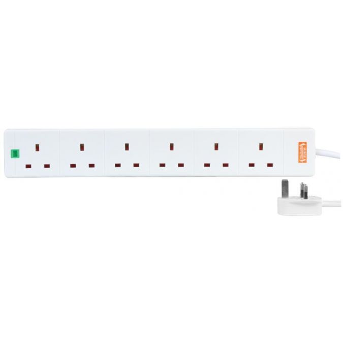 6 Gang Way 5m Metre 13A Mains Power Extension Socket Lead Cable Surge Protected White