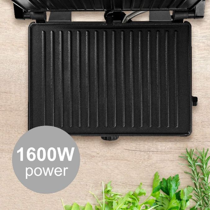 Compact 1600W Electric Table Top Grill, Panini Sandwich Press, Toastie Maker, with Non Stick Coated Plates, Drip Tray and Automatic Temperature Control - Black/Silver