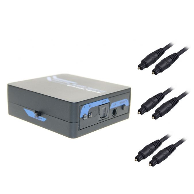 Ex-Pro AV-Pro 2 Way TosLink Digital Optical Audio Switch with Remote with 3 x 2m Optical Cables.