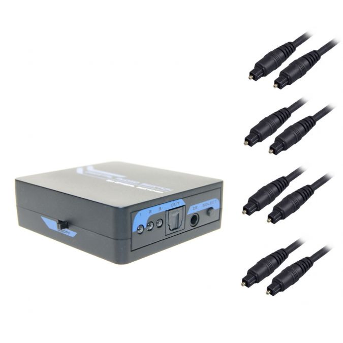 Ex-Pro AV-Pro 3 Way TosLink Digital Optical Audio Switch with Remote with 4 x 1m Optical Cables.